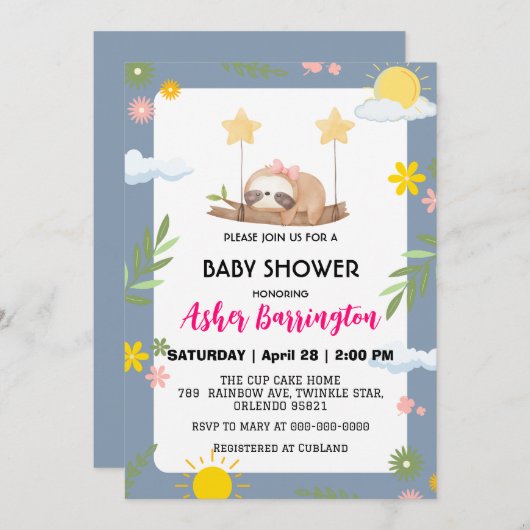 Niedliche Baby-Sloth Regenbogen-Blume Babydusche Einladung (Vorne/Hinten)