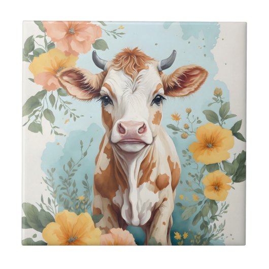 Niedliche Baby-Tiere | Adorable Kuh Calf Floral Fliese (Vorderseite)