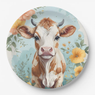 Niedliche Baby-Tiere   Adorable Kuh Calf Floral Pappteller
