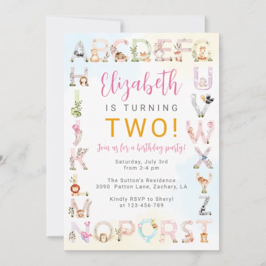 Niedliche Baby-Tiere Alphabet Geburtstag Einladung (Vorderseite)