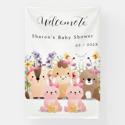 Niedliche Baby-Tiere & Wildblumen Kinderdusche Banner (Vertikal)