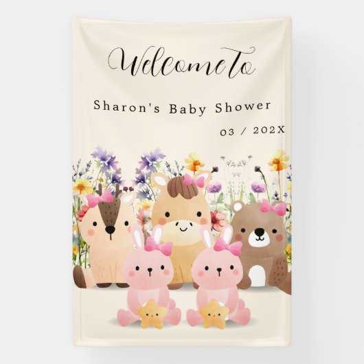 Niedliche Baby-Tiere & Wildblumen Kinderdusche Banner (Vertikal)