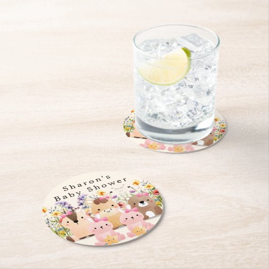 Niedliche Baby-Tiere & Wildblumen Kinderdusche Runder Pappuntersetzer (Vor Ort)