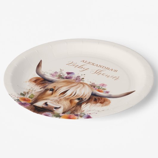 Niedliche Babydusche aus Highland Pappteller (Schrägansicht)