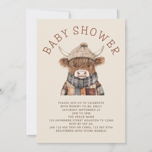 Niedliche Babydusche aus Hochland Einladung (Vorderseite)