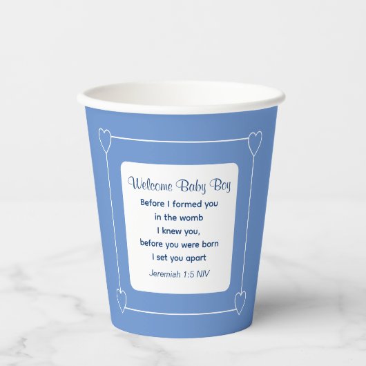 Niedliche Babydusche Bibel Verse Streifen blaues P Pappbecher (Vorderseite)