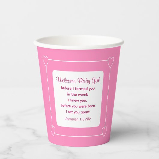 Niedliche Babydusche Bibel Verse Streifen rosa Par Pappbecher (Vorderseite)