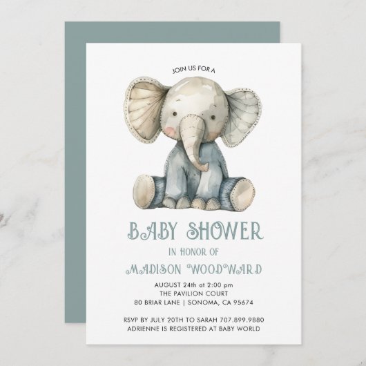 Niedliche Babydusche Blue gepolstertes Elefantensp Einladung (Vorne/Hinten)