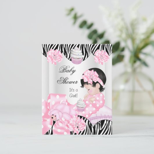 Niedliche Babydusche Girl Pink Zebra Cupcake Einladung (Stehend Vorderseite)