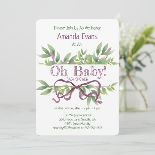 Niedliche Babydusche Lila Einladung (Stehend Vorderseite)