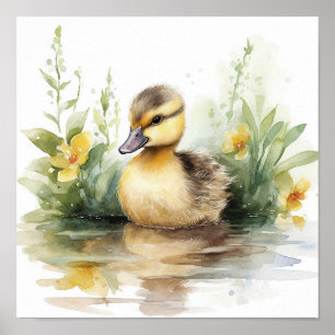 Niedliche Babyente, Ente auf einem Wasserbecken Poster