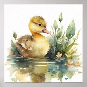 Niedliche Babyente, Ente auf einem Wasserbecken Poster