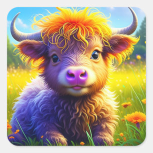 Niedliche Babyhochlandkuh in Feld oder Blume Quadratischer Aufkleber