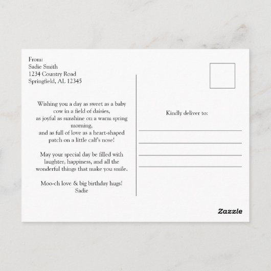 Niedliche Babykuh in Daisy Field, Land Birthday Postkarte (Rückseite)
