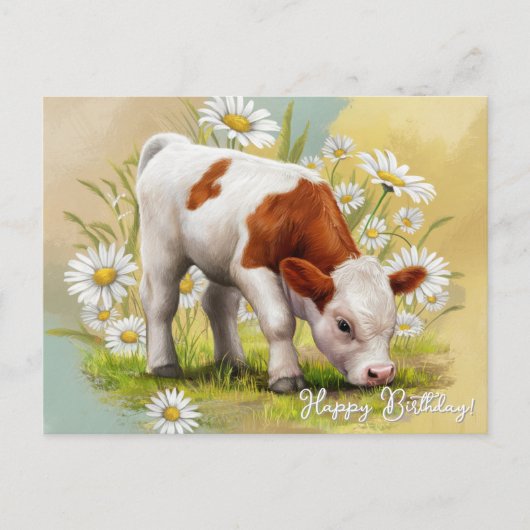 Niedliche Babykuh in Daisy Field, Land Birthday Postkarte (Vorderseite)