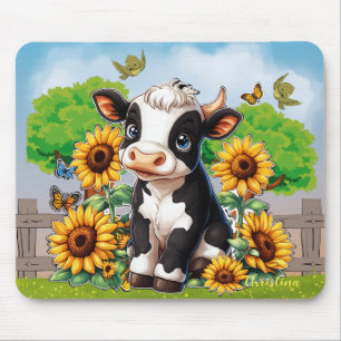 Niedliche Babykuh und Sonnenblumen, maßgeschneider Mousepad