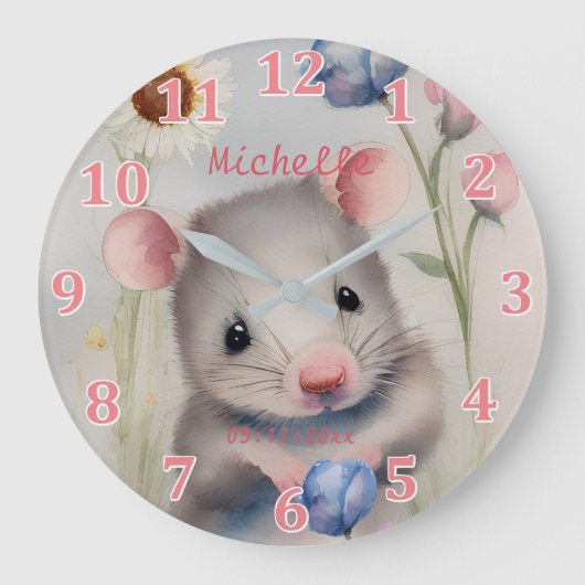 Niedliche Babymäuse Pastel Wasserfarbe Frühlingsbl Große Wanduhr (Vorderseite)