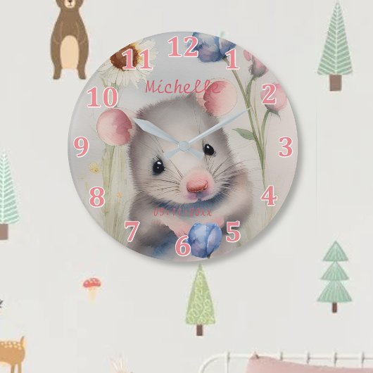 Niedliche Babymäuse Pastel Wasserfarbe Frühlingsbl Große Wanduhr
