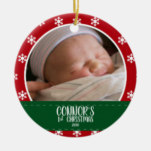 Niedliche Babys Erstes Foto Roter Schneeflocken Keramik Ornament