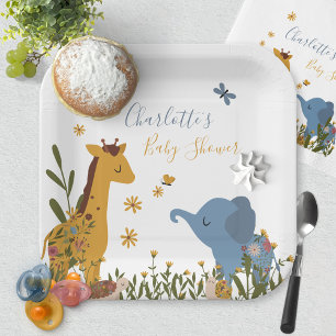 Niedliche Babytier-Blumen-Baby Shower Quadratisch Pappteller