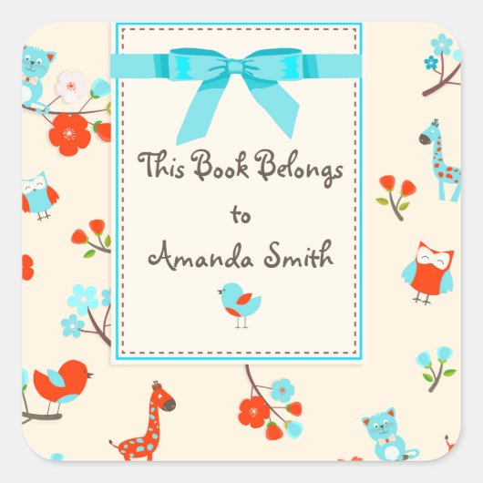 Niedliche Babytiere und Blume Buchkleber Quadratischer Aufkleber (Vorderseite)