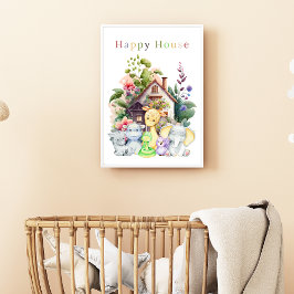 Niedliche Babytiere und Happy House | Farbiger Tex Poster