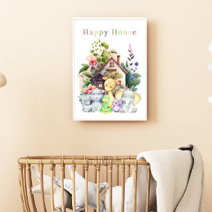 Niedliche Babytiere und Happy House   Farbiger Tex Poster