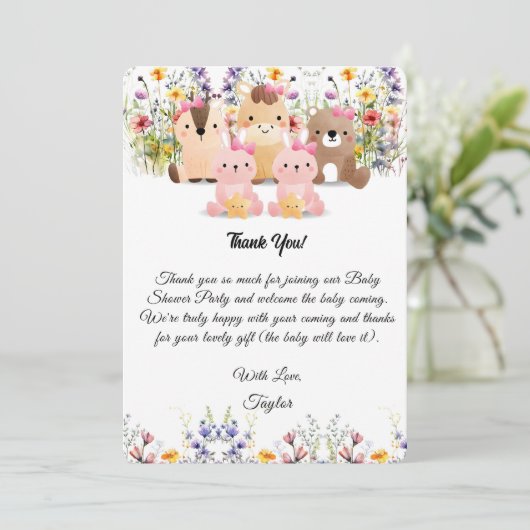 Niedliche Babytiere & Wildblume Dankeschön Karte (Stehend Vorderseite)