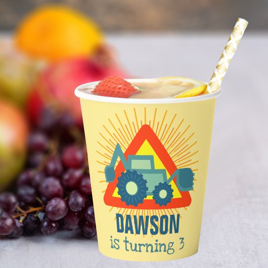 Niedliche Backhoe Gelbe Jungen Geburtstag 3 Jahre  Pappbecher