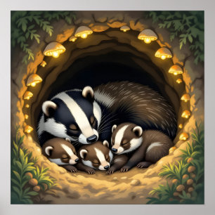 Niedliche Badger Family Napping Poster