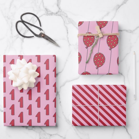 Niedliche Balkone - Rosa und Rote Kinder 1. Geburt Geschenkpapier Set (Vorderseite)