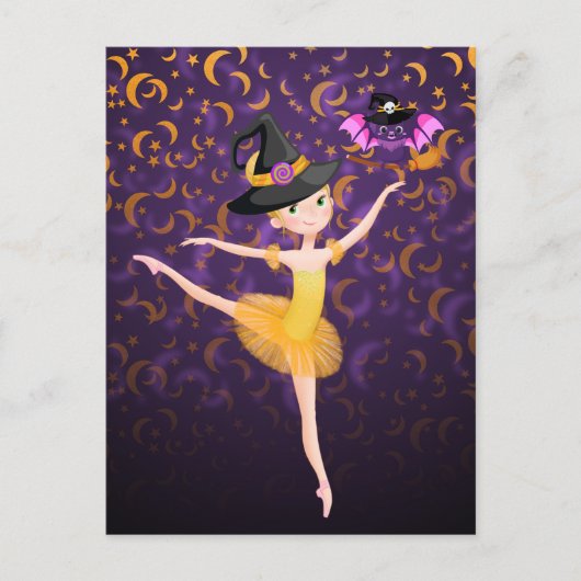 Niedliche Ballerina Halloween Bat and Moons Ballet Postkarte (Vorderseite)