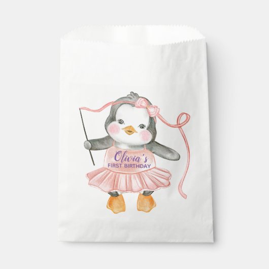 Niedliche Ballerina Pinguin Pink 1. Geburtstag Par Geschenktütchen (Vorderseite)
