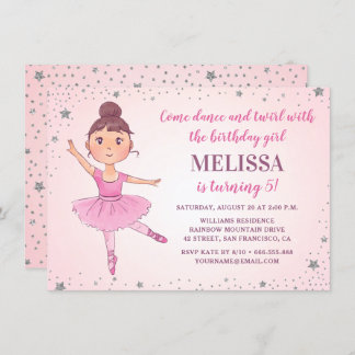 Niedliche Ballerina Rosa Silberstars Girl Einladung