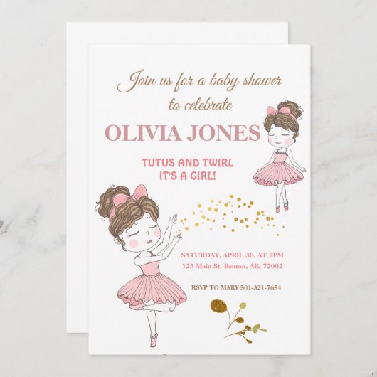 Niedliche Ballerina rosa Tutus, Glitzern errötet G Einladung (Vorne/Hinten)