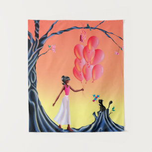 Niedliche Ballerina und Katze bei Sonnenuntergang Wandteppich