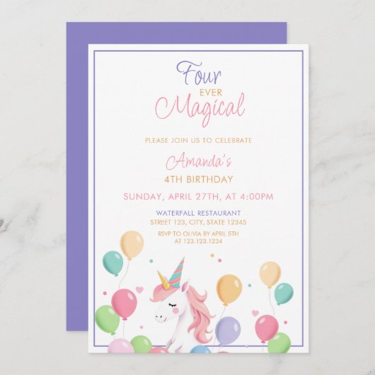 Niedliche Ballons Einhorn 4. Geburtstag Einladung (Vorne/Hinten)