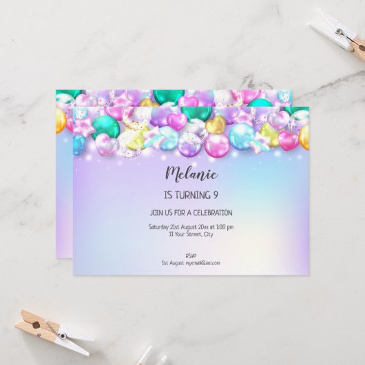 Niedliche Baloons Geburtstagsparty Girl Einladung (Vorderseite/Rückseite Beispiel)