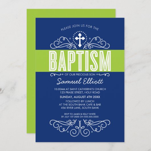 NIEDLICHE BAPTISM elegante Wirbel fett blaugrün Einladung (Vorne/Hinten)