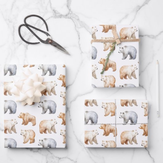 Niedliche Bären auf Weiß Geschenkpapier Set (Vorderseite)