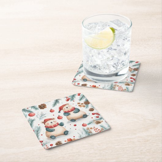 Niedliche Bären Kiefer und Ornamente Rote frohe We Rechteckiger Pappuntersetzer (Vor Ort)