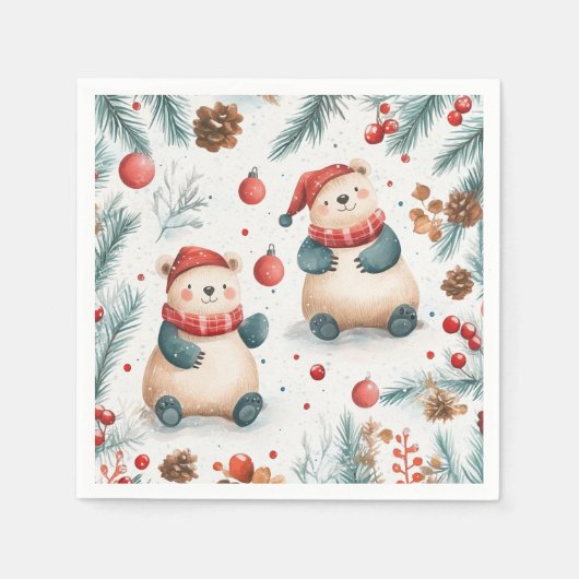 Niedliche Bären Kiefer und Ornamente Rote frohe We Serviette (Vorderseite)