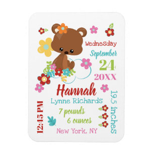 Niedliche Bären und Blume Baby Girl Birth Record S Magnet