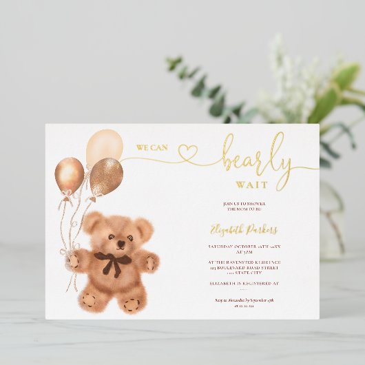 Niedliche Bärendarstellung vor Babydusche Folieneinladung (Stehend vorne)