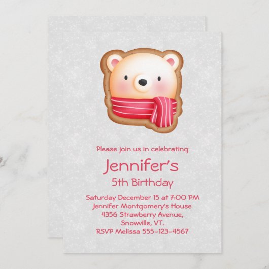 Niedliche Bärenfront Roter Scarf & Rosy Cheeks Geb Einladung (Vorne/Hinten)