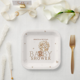 Niedliche Bärenherzen Beige hellbraune Babydusche Pappteller