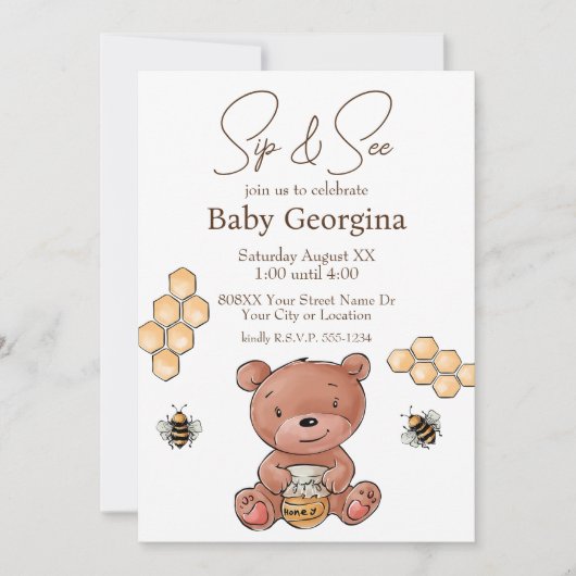Niedliche Bärenkuppe und Honey Bees Baby Sip and S Einladung (Vorderseite)