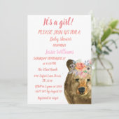 Niedliche Bärenwaldtiere Pink Floral Baby Girl Einladung (Stehend Vorderseite)