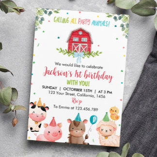 Niedliche Barnyard Farm Animals 1. Geburtstag Einl Einladung