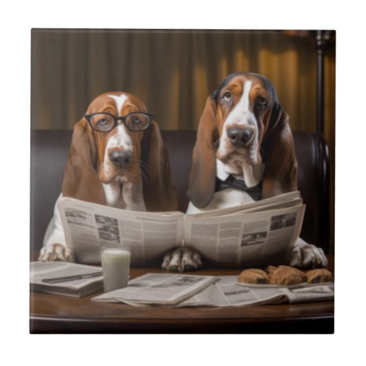 Niedliche Basset-Hunde beim Lesen einer Zeitung Fliese (Vorderseite)